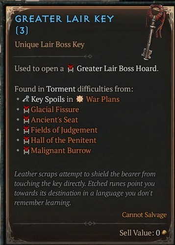 Diablo greater lair key - lair, boss